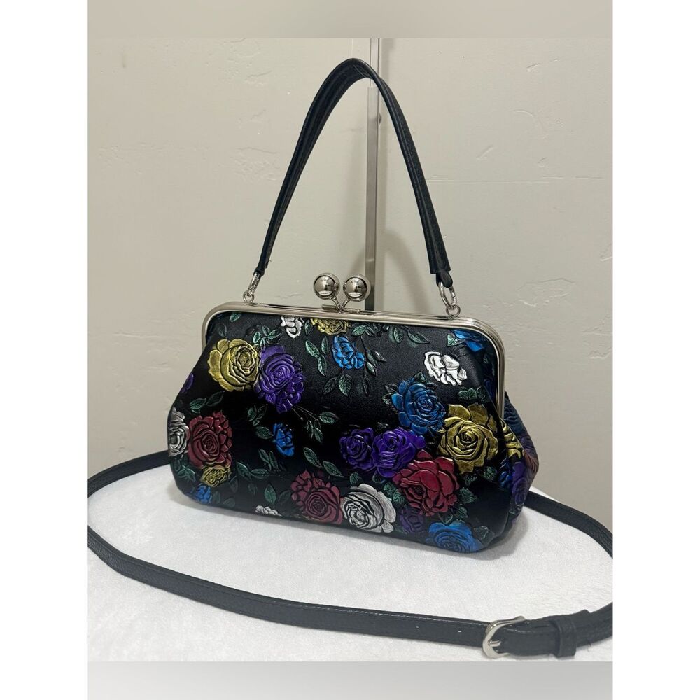 Colorful Rose Embossed Leather Handmade 
Kisslock Frame Bag, Multi Use Style